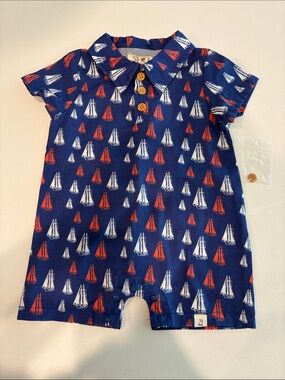 Me & Henry infant boys Navy Sailboat Print Polo romper 3-6 months